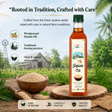 Sesame oil bottle with sesame seeds on a wooden surface, nature background