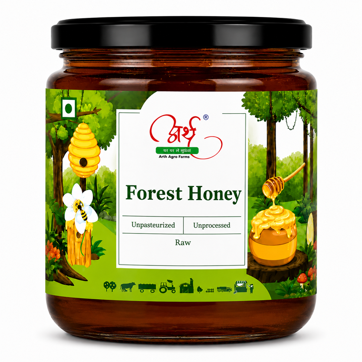 Jar of Forest Honey with a green label featuring honey-related illustrations on a white background.