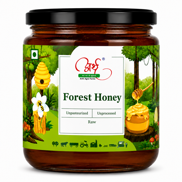 Jar of Forest Honey with a green label featuring honey-related illustrations on a white background.