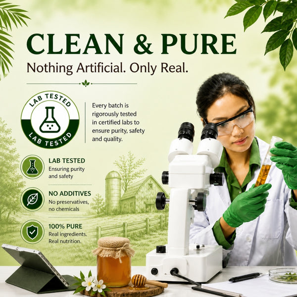 Scientist with microscope in a lab setting, promoting 'Clean & Pure' products.