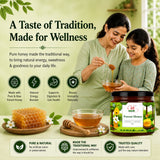Woman and child with honey products and a jar of Forest Honey on a green background