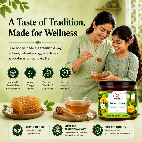 Woman and child with honey products and a jar of Forest Honey on a green background