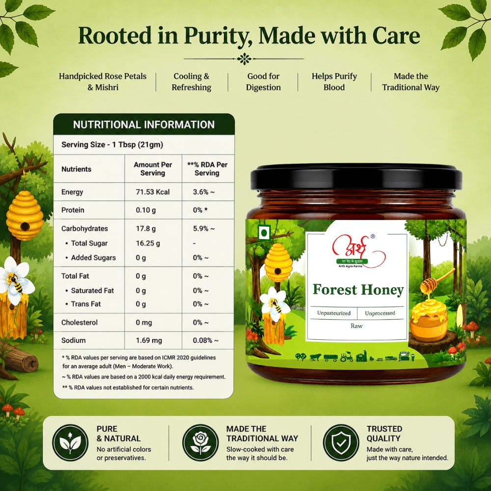 Forest Honey jar with nutritional information on a green background