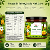 Forest Honey jar with nutritional information on a green background