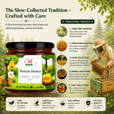 Forest Honey jar with beekeeping infographic and nature-themed design