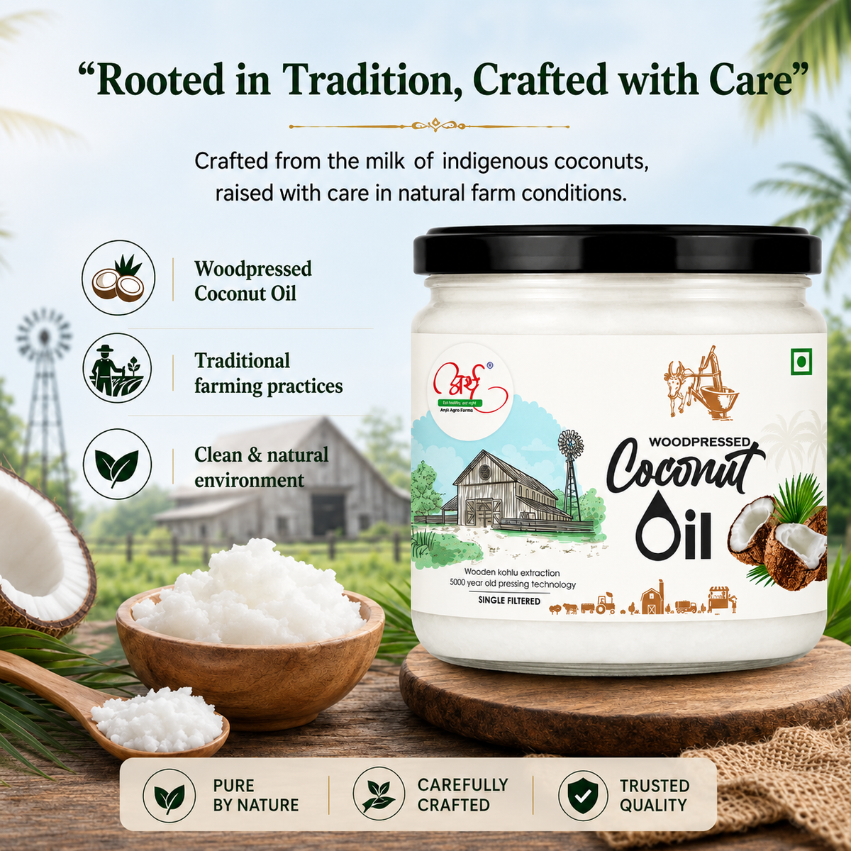 Woodpressed Coconut Oil jar with branding and product details on a wooden surface with a farm background.