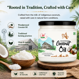 Woodpressed Coconut Oil jar with branding and product details on a wooden surface with a farm background.