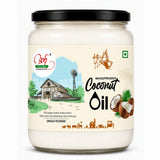 Jar of coconut oil with a farm-themed label on a white background