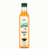 Bottle of mustard oil with a green cap on a white background