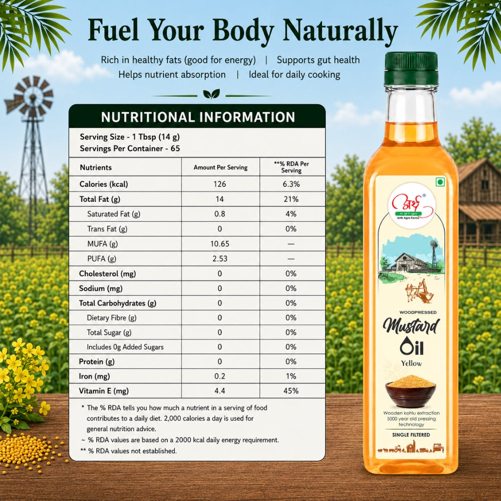 Bottle of mustard oil with nutritional information label on a scenic background