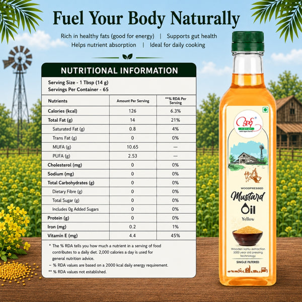 Bottle of mustard oil with nutritional information label on a scenic background