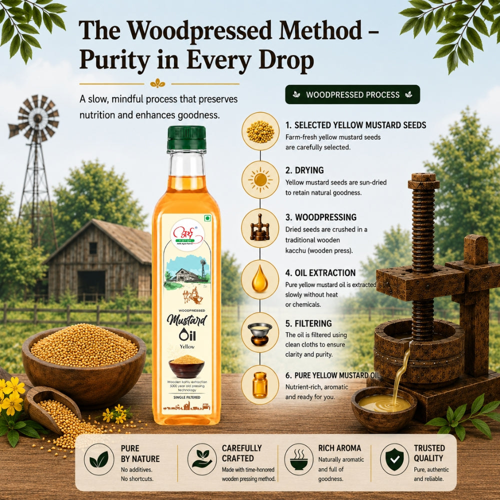 Mustard oil product with woodpressed method process and natural background