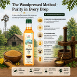 Mustard oil product with woodpressed method process and natural background