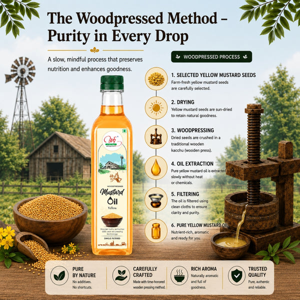 Mustard oil product with woodpressed method process and natural background