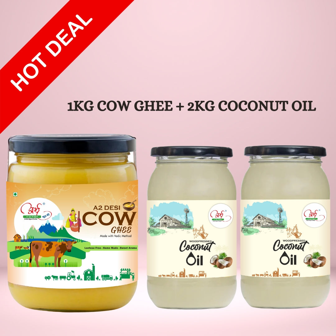 Premium A2 Desi Cow Bilona Ghee (1KG) & Wood-Pressed Coconut Oil (2KG) Combo