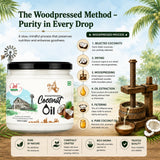 Woodpressed coconut oil product with a wooden press and coconut illustration on a scenic background