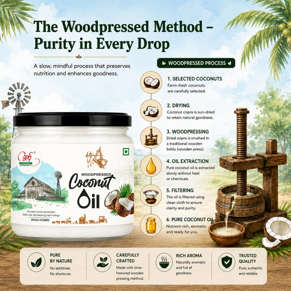 Woodpressed coconut oil product with a wooden press and coconut illustration on a scenic background