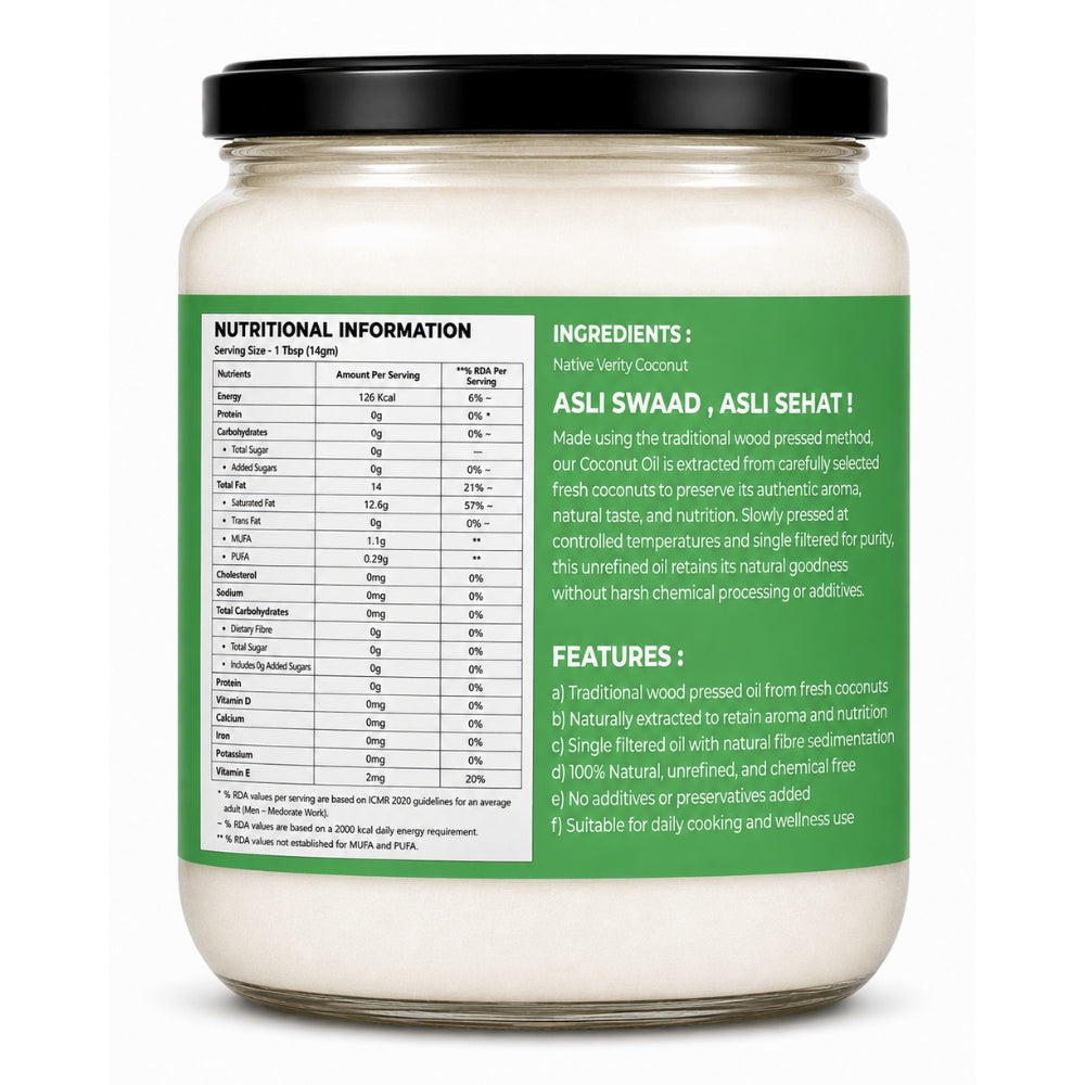 Jar of coconut oil with nutritional information and ingredients label on a white background