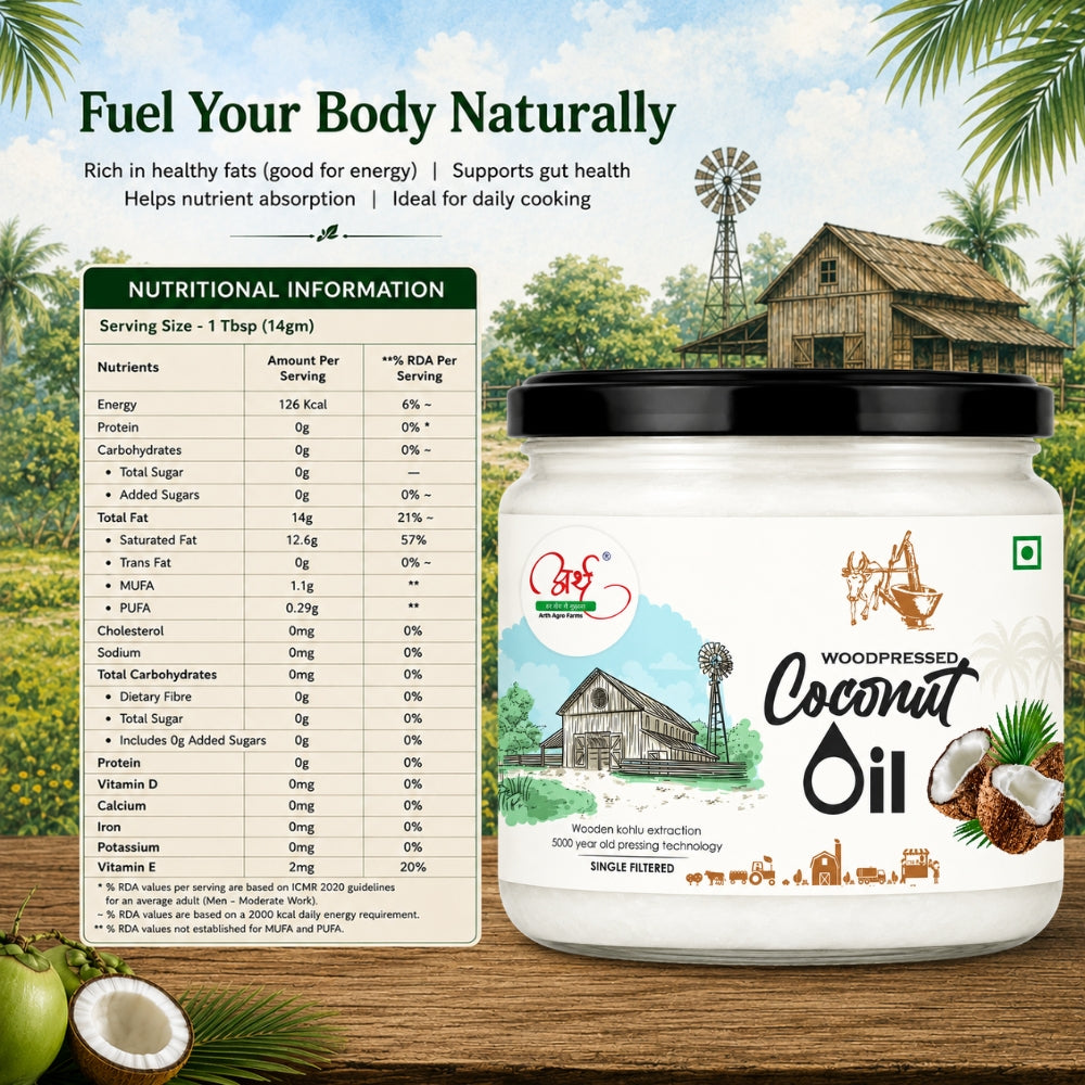 Jar of Woodpressed Coconut Oil with nutritional information on a scenic background