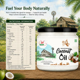 Jar of Woodpressed Coconut Oil with nutritional information on a scenic background