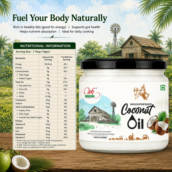 Jar of Woodpressed Coconut Oil with nutritional information on a scenic background